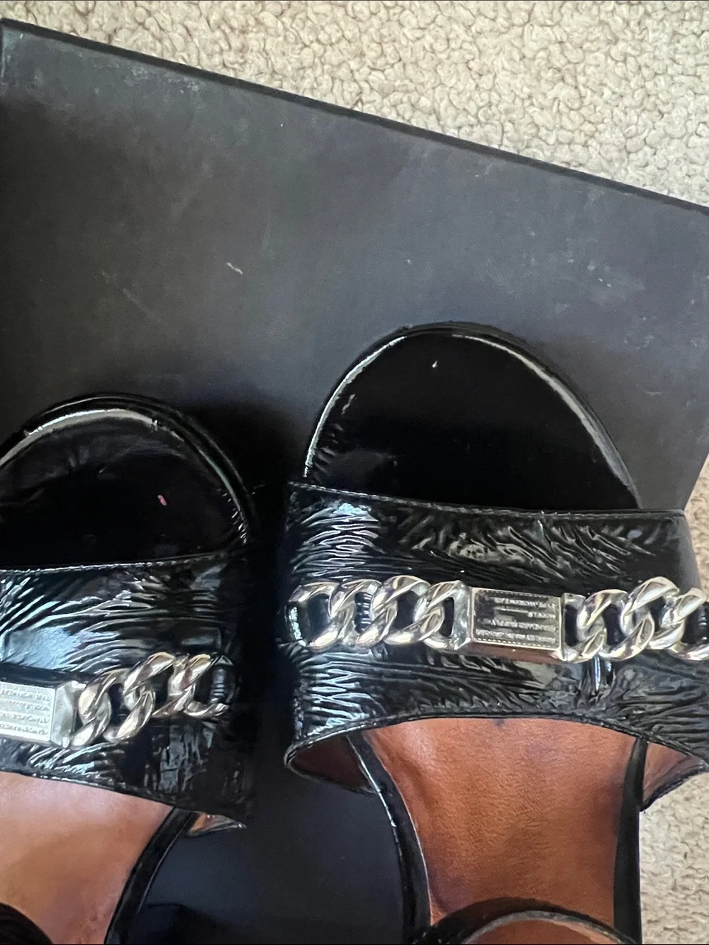 Marc Jacobs Black Patent Platform Sandals with Silver Chain